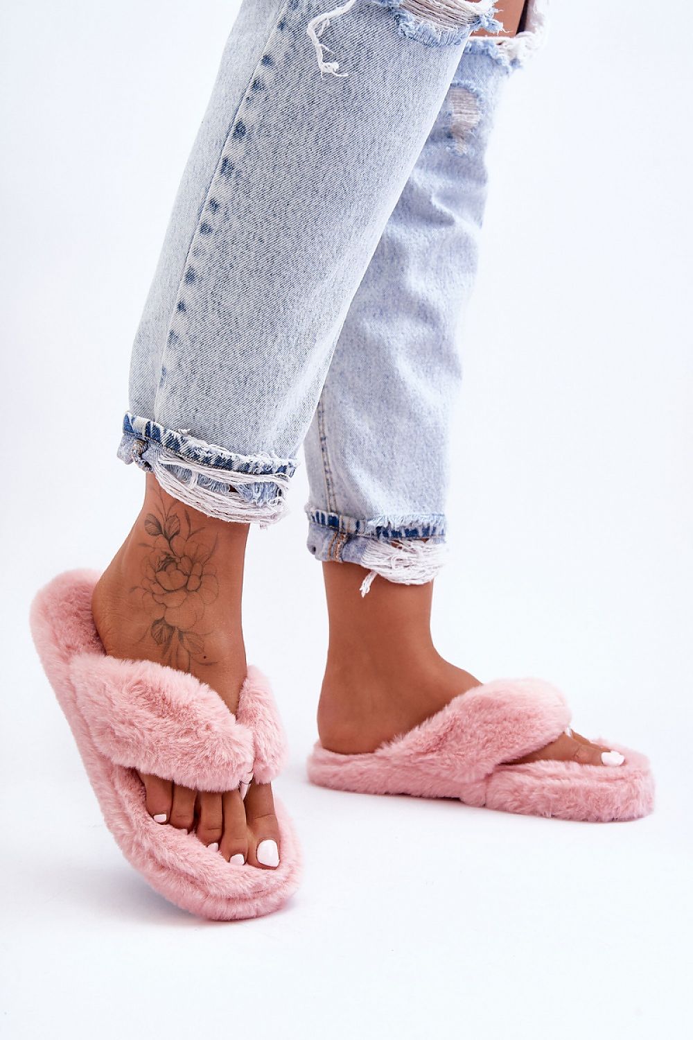 GENNA PINK FLIP FLOP STYLE COZY FAUX FUR HOUSE SLIPPERS